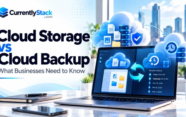 Illustration comparing cloud storage and cloud backup with synchronized files and recovery dashboards