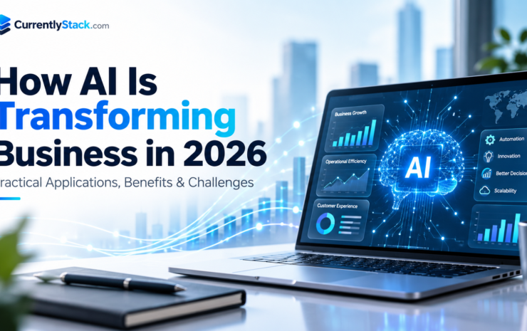 Laptop displaying an AI-powered business analytics dashboard with automation and growth charts