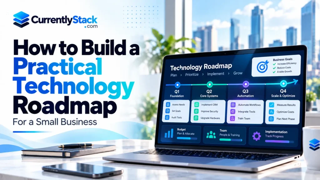 Technology roadmap displaying quarterly implementation milestones and business goals
