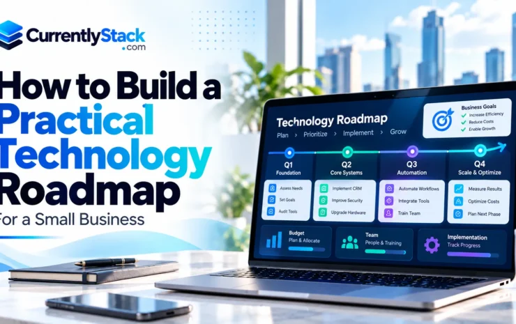 Technology roadmap displaying quarterly implementation milestones and business goals