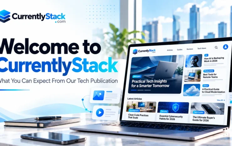 CurrentlyStack editorial publication interface displaying technology articles and guides